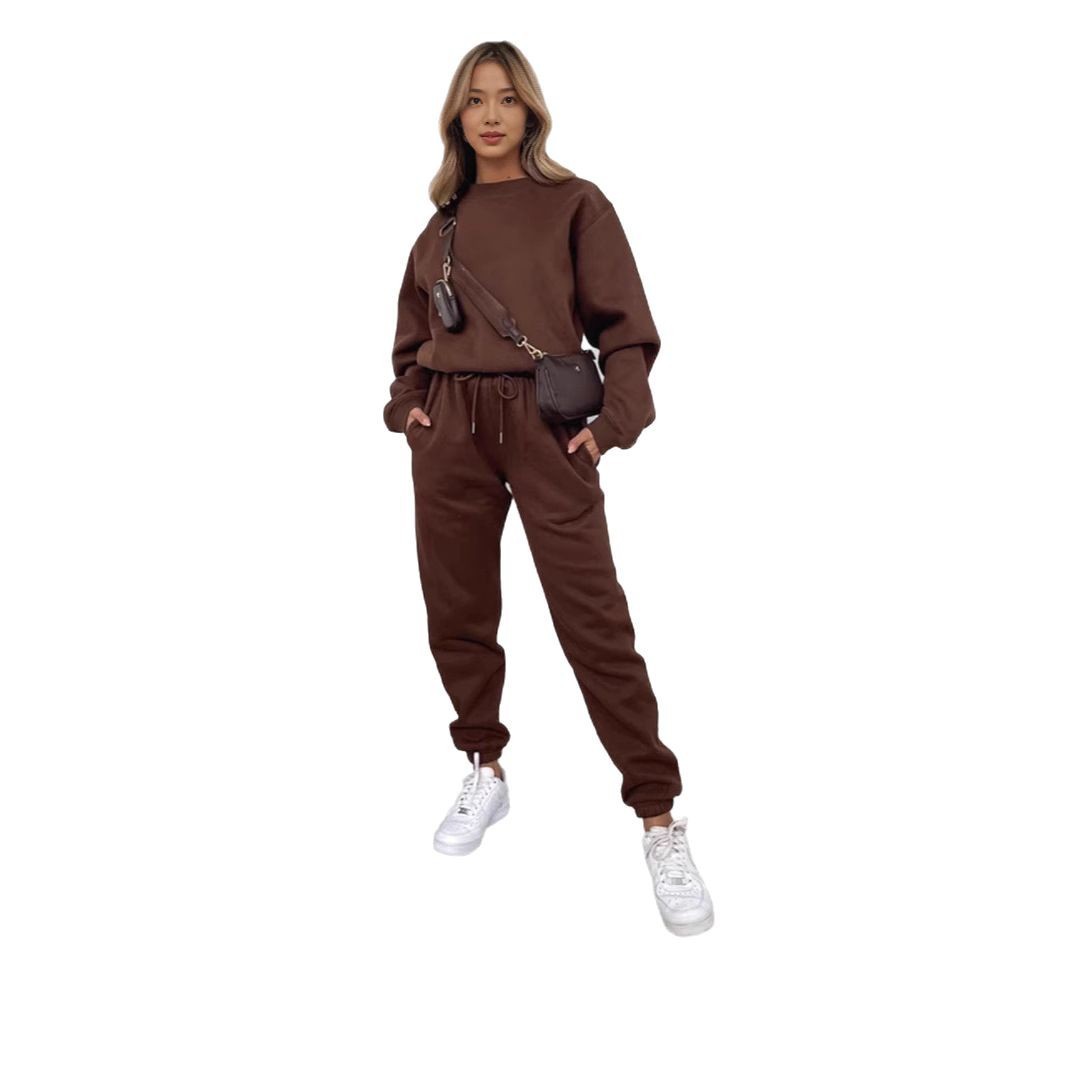 Crew Neck Pullover Sweatshirt Fleece-lined Fashion Casual Sweater Sweatpants Two-piece Set - kinko