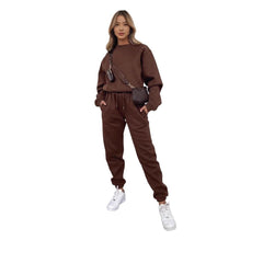 Crew Neck Pullover Sweatshirt Fleece-lined Fashion Casual Sweater Sweatpants Two-piece Set - kinko