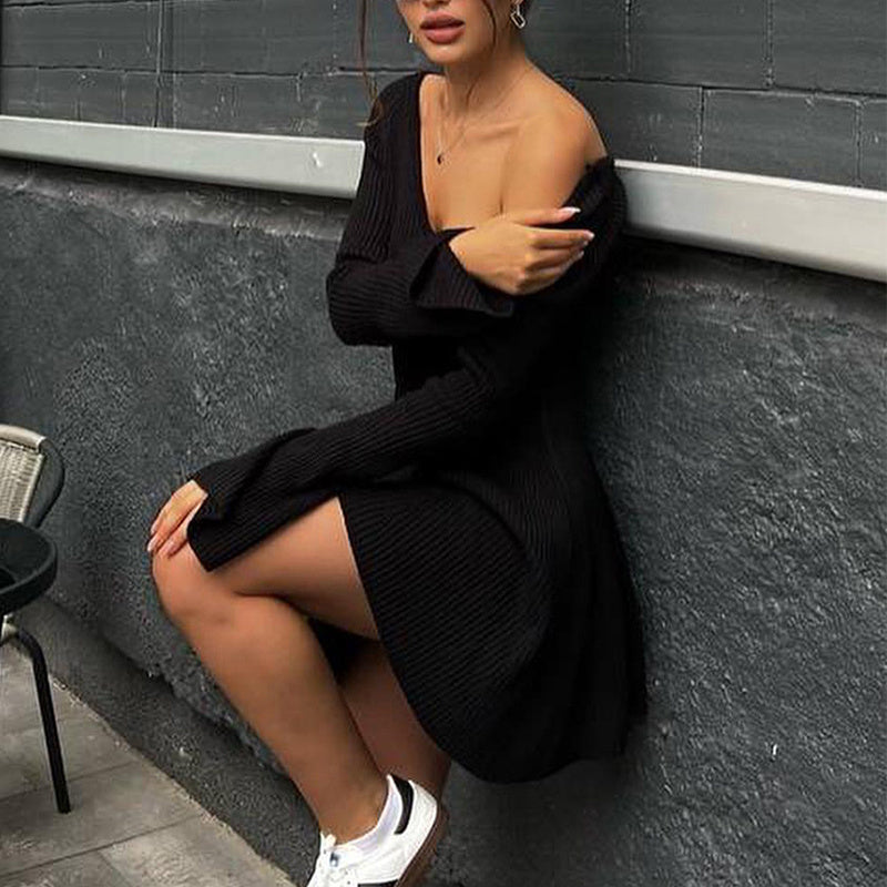 Sexy Slim V-Neck Long Sleeve Knitted Dress Fashion Tight High Elastic Ruffle A-Line Short Dresses Y2K Skirt Womens Clothing - kinko