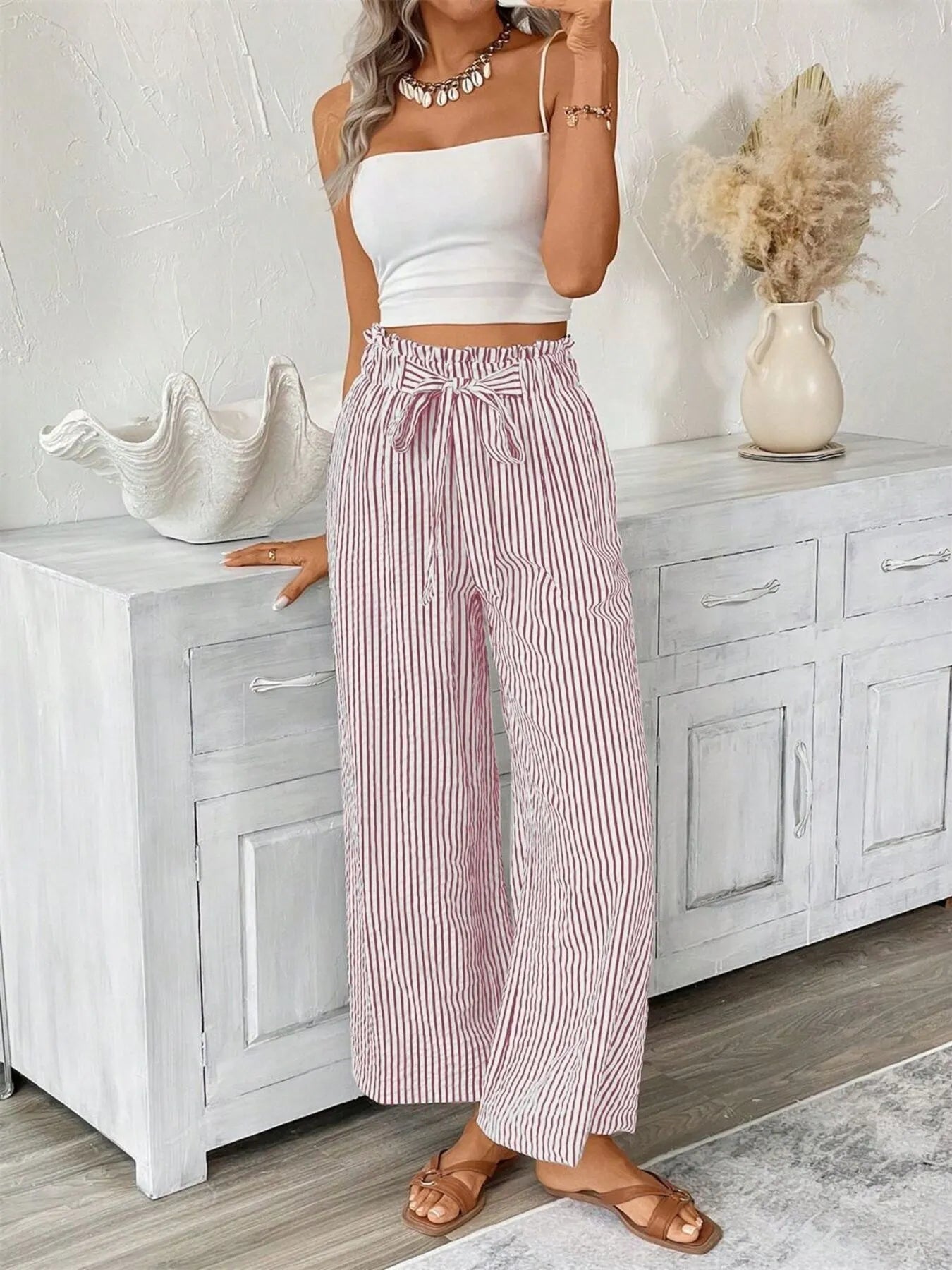 Full Size Striped Wide Leg Paper Bag Pants Plus Size - kinko