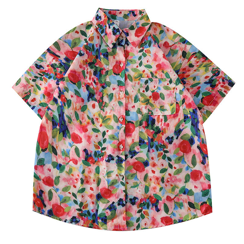 Women's Design Retro Hong Kong Style Printed Short-sleeved Shirt - kinko