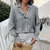 Women's French Style Checkered Button-Up Shirt - Elegant Plaid Pattern, Stand Collar With Ruffled Cuffs, Comfortable Wear - kinko