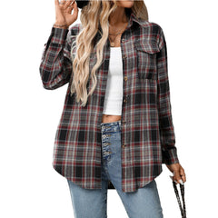 Casual Fashion Loose Plaid Pocket Shirt For Women - kinko