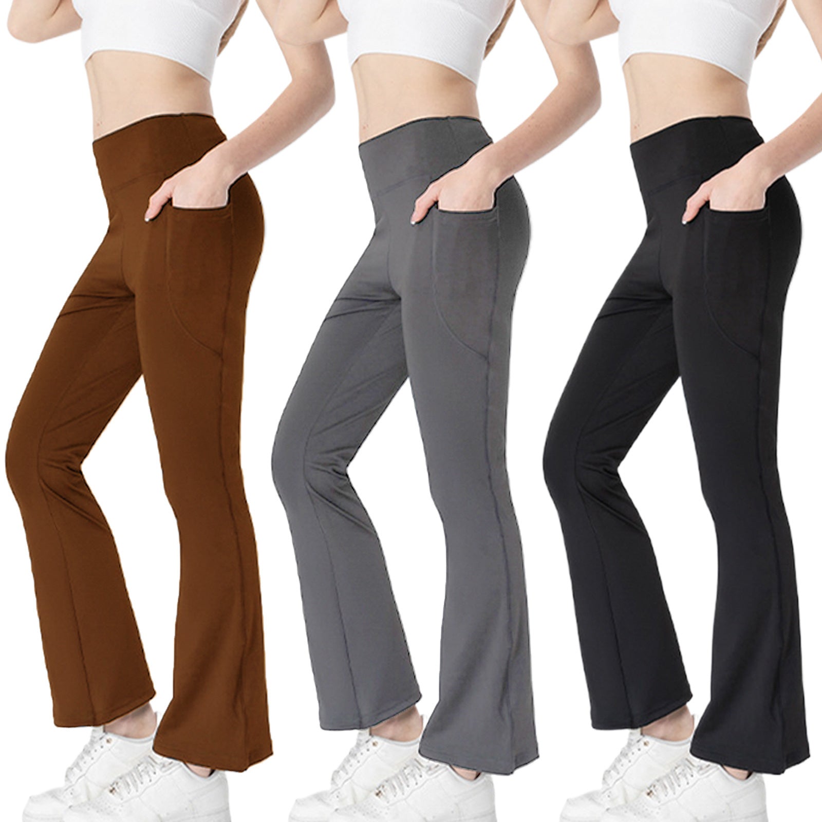 Ladies Mid Waist Abdominal-shaping Slimming Cropped Pants Casual Pocket Bootcut Trousers - kinko
