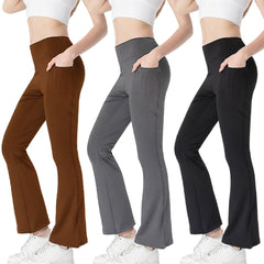 Ladies Mid Waist Abdominal-shaping Slimming Cropped Pants Casual Pocket Bootcut Trousers - kinko