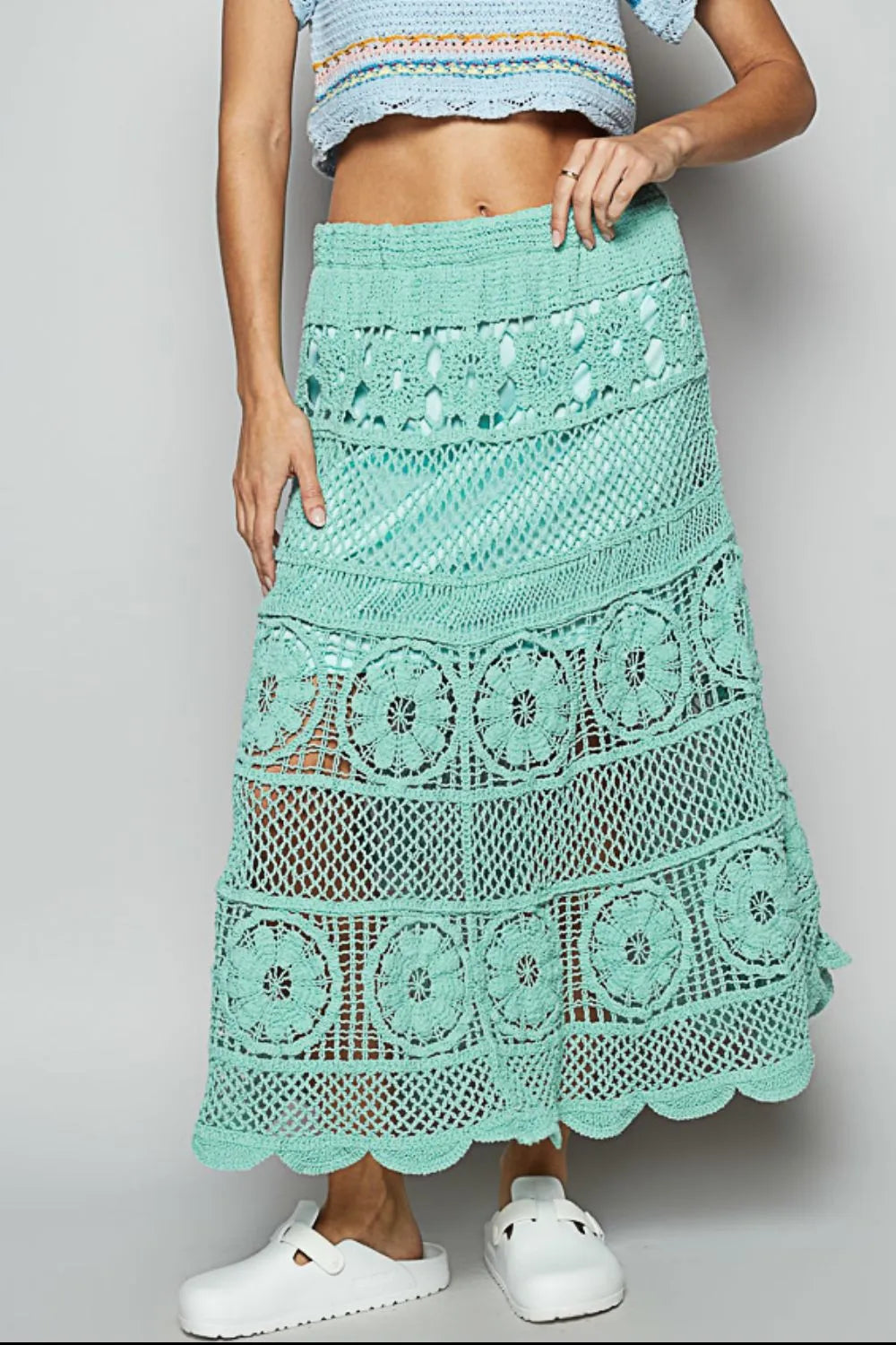 POL Lace Tiered Midi Skirt - kinko
