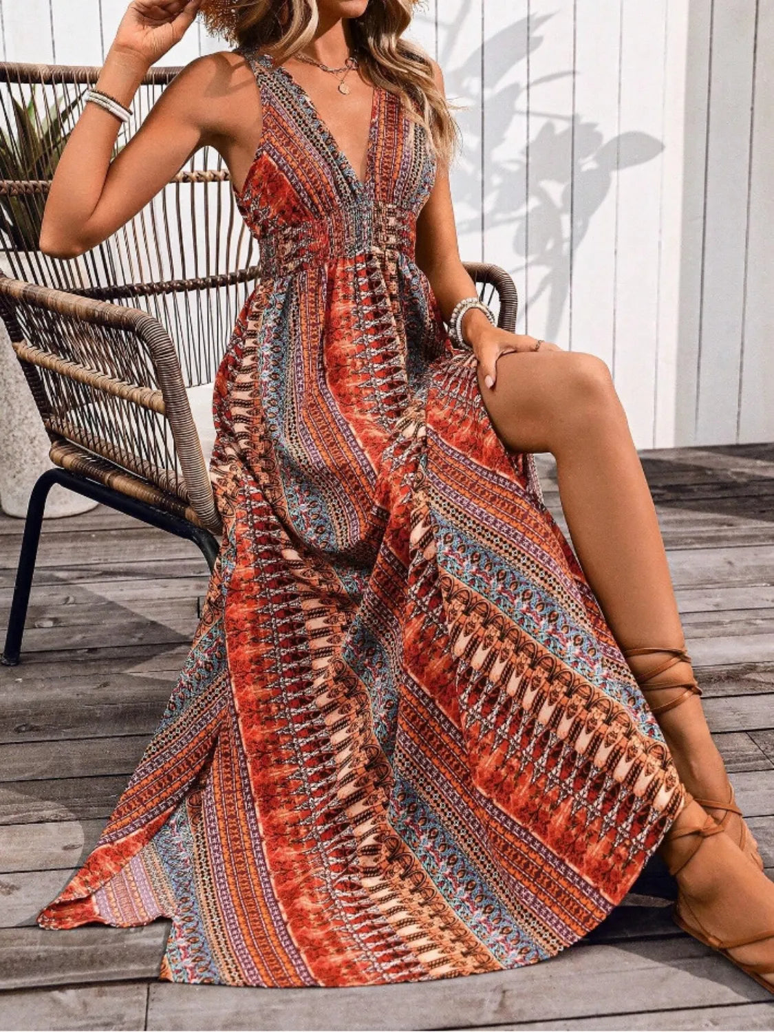 Tied Back Printed Sleeveless Maxi Slit Dress - kinko