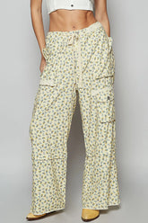 POL Floral Cargo Wide Leg Pants with Lace Drawstring - kinko
