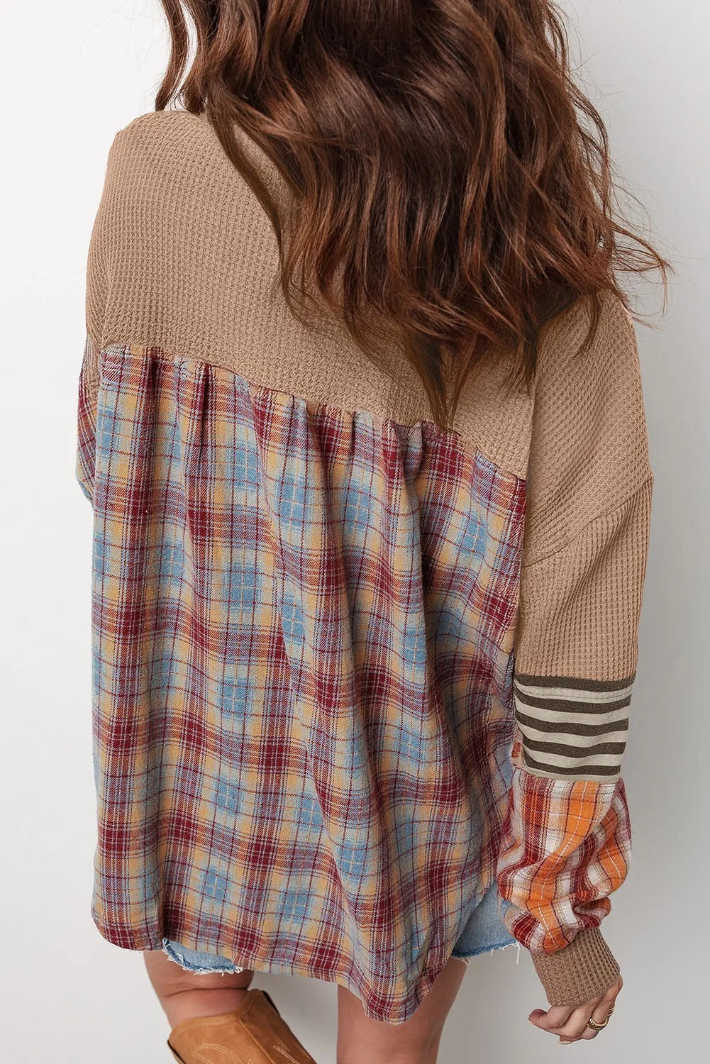 Straw Yellow Waffle Stripe Plaid Patchwork Henley Knit Top - kinko