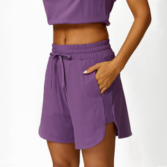 Loose Half Zipper And Lapel Sleeveless Top Casual Trousers Lace-up Shorts Three-piece Set - kinko