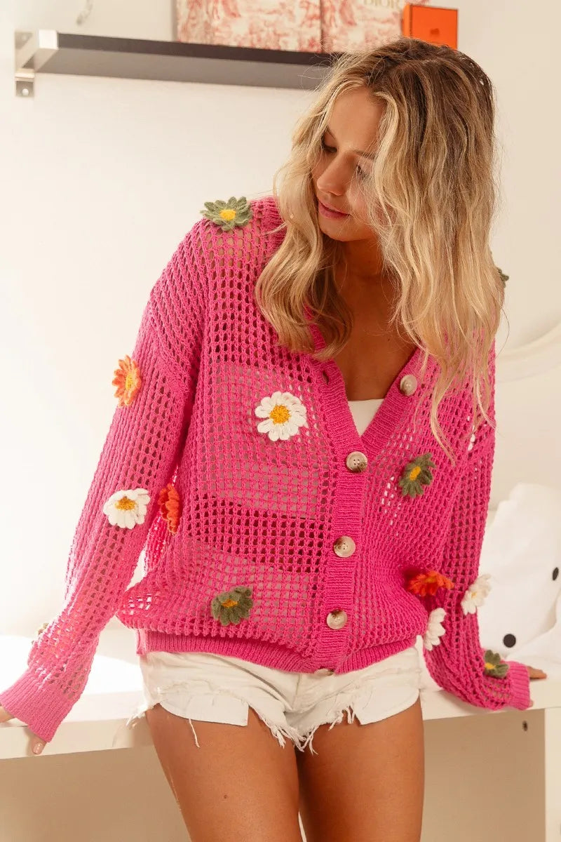 BiBi Flower Patches Open Knit Sweater Cardigan - kinko