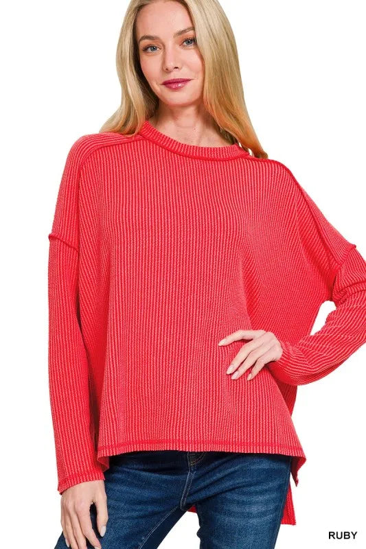 Zenana Full Size Exposed Seam Long Sleeve Corded Rib Knit Top Plus Size - kinko
