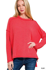 Zenana Full Size Exposed Seam Long Sleeve Corded Rib Knit Top Plus Size - kinko