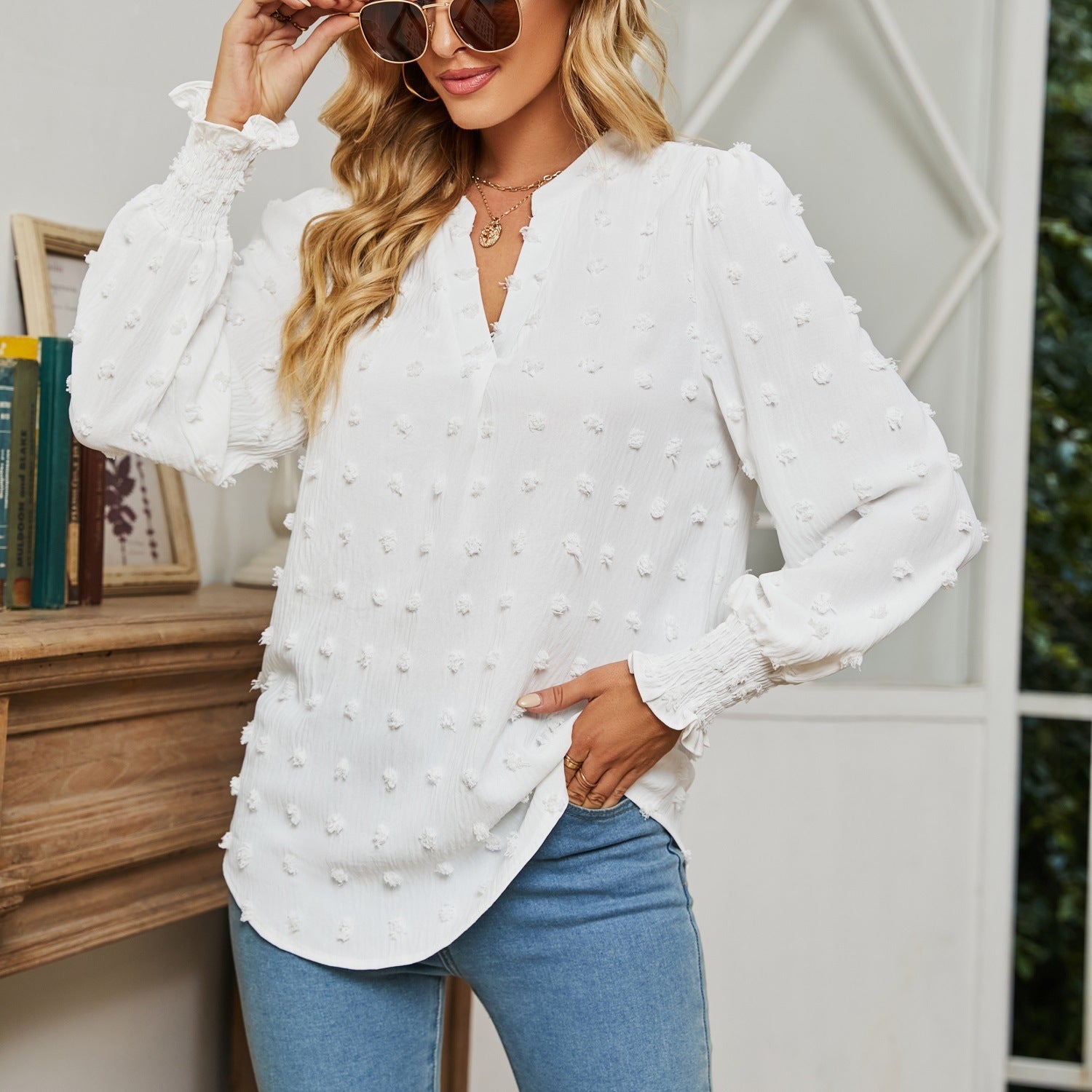 Dot Long-sleeved Bubble Sleeve V-neck Shirt Top - kinko