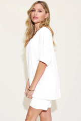 Basic Bae Bamboo Full Size V-Neck Drop Shoulder T-Shirt and Shorts Set - kinko