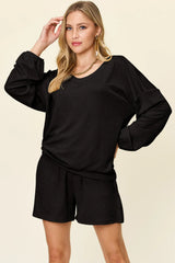 Double Take Full Size Texture V-Neck Long Sleeve T-Shirt and Shorts Set - kinko