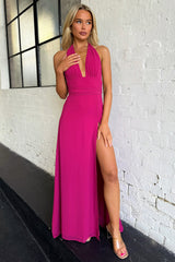 Spring New Women's Style Hanging Neck V-neck Slit Long Solid Color Dress - kinko