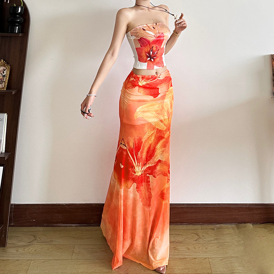 Vacation Style Printed Semi See-through High Waist Slim Skirt - kinko