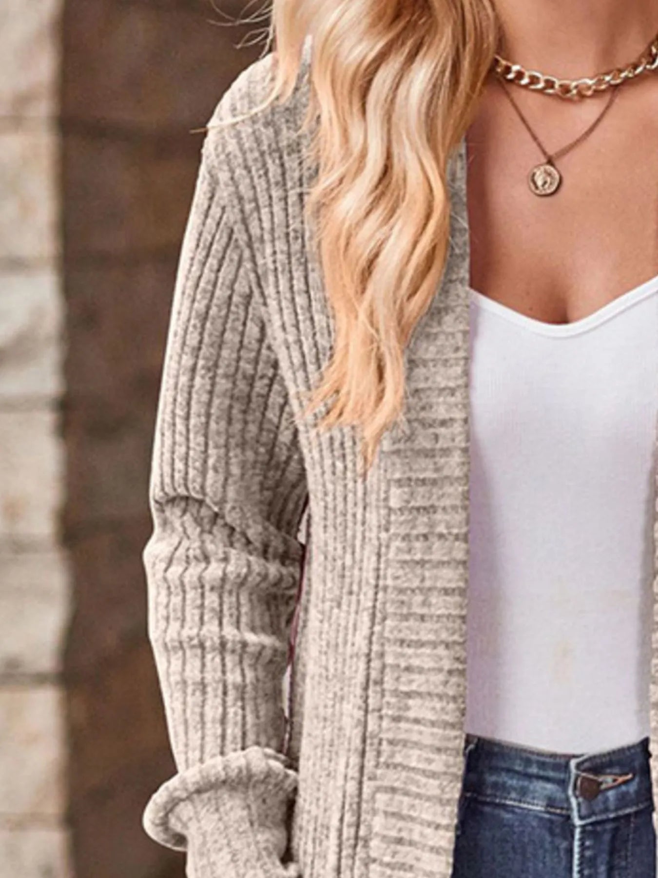 Ribbed Knit Open Front Cardigan with Pockets - kinko