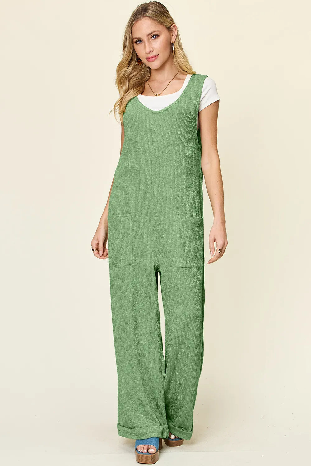 Double Take Full Size Texture Sleeveless Wide Leg Jumpsuit - kinko