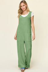 Double Take Full Size Texture Sleeveless Wide Leg Jumpsuit - kinko