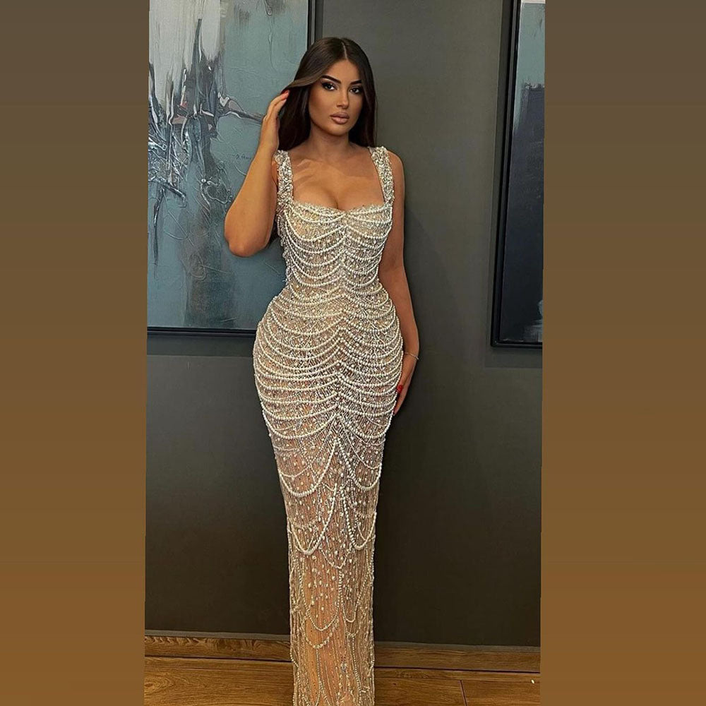 Nude Elegant Sling Light Luxury High-end Pearl Beaded Dress - kinko