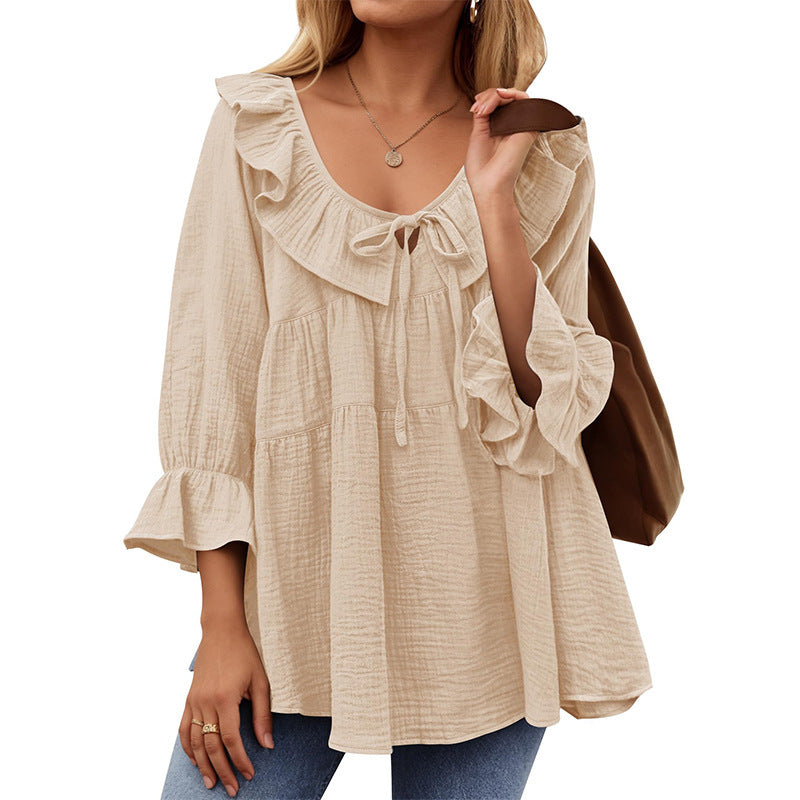 Round Neck Tied Front Dart Multi-layer Loose Waist Shirt - kinko