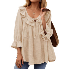 Round Neck Tied Front Dart Multi-layer Loose Waist Shirt - kinko