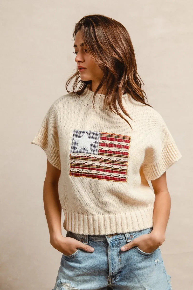 BiBi American Flag Patchwork Drop Shoulder Sweater - kinko