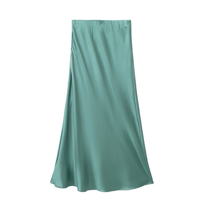 Solid Color Slim Silk Satin Texture Midi Skirt - kinko