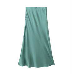 Solid Color Slim Silk Satin Texture Midi Skirt - kinko