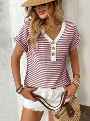 Striped V-Neck Short Sleeve T-Shirt - kinko