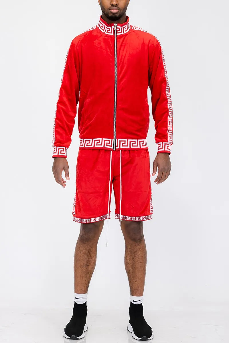WEIV Men's Full Size Velour Zip Up Jacket and Shorts Set Plus Size - kinko