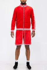 WEIV Men's Full Size Velour Zip Up Jacket and Shorts Set Plus Size - kinko