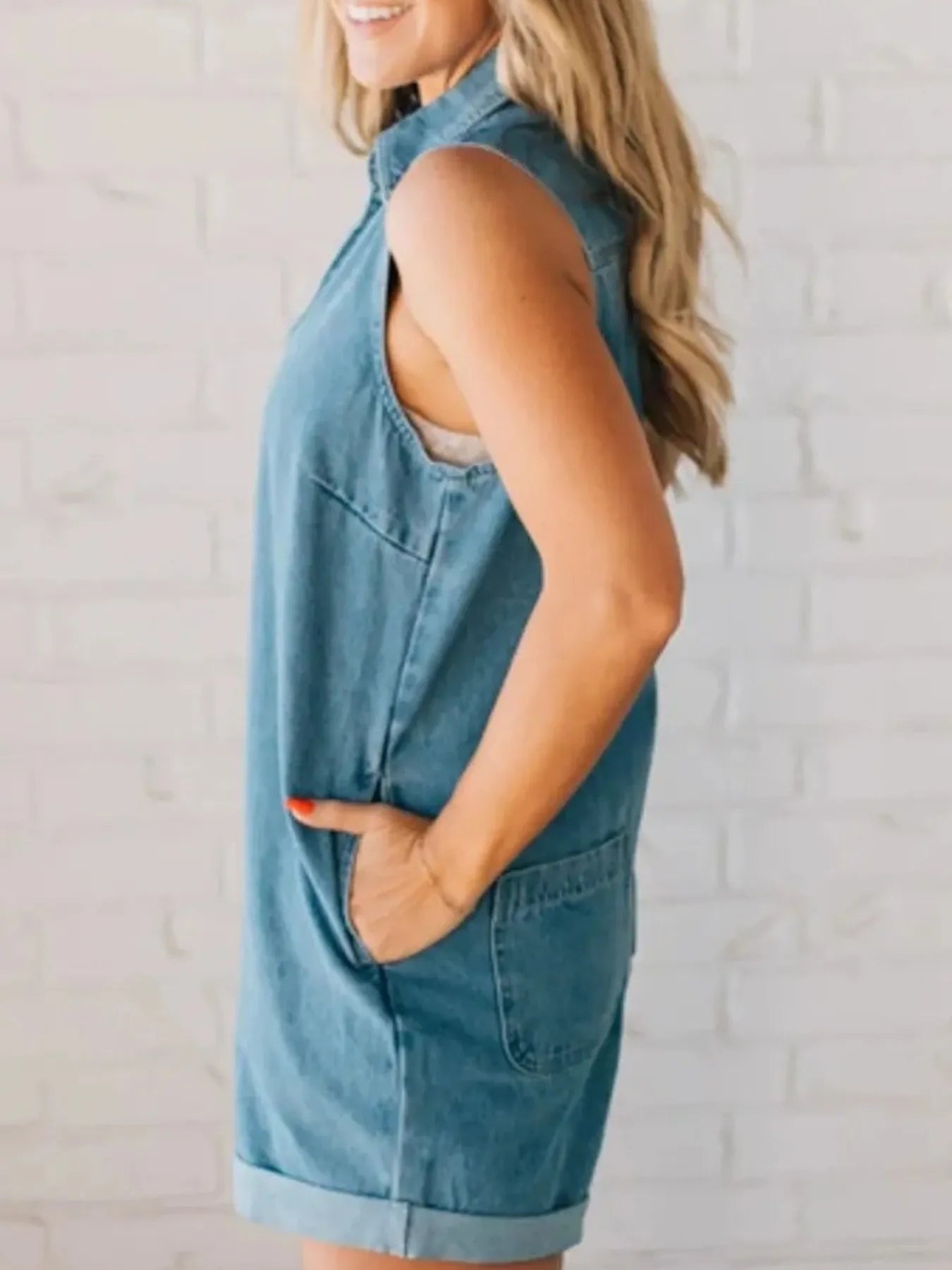 Zip Front Sleeveless Denim Romper - kinko