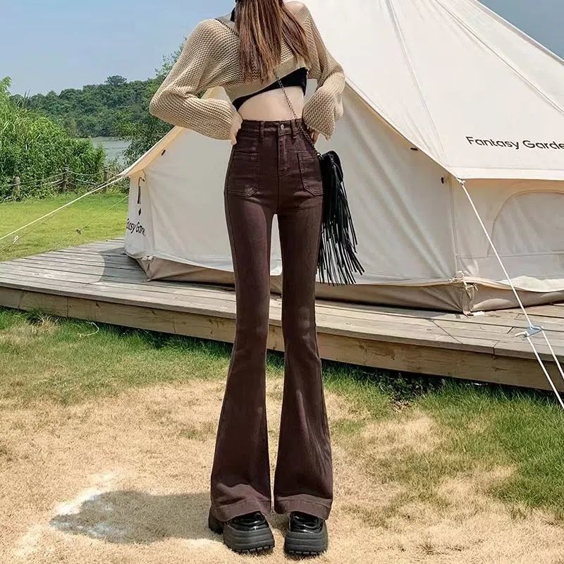 Stretchy High Waist Slimming Design Sense High Street Bell-bottom Pants Tide - kinko