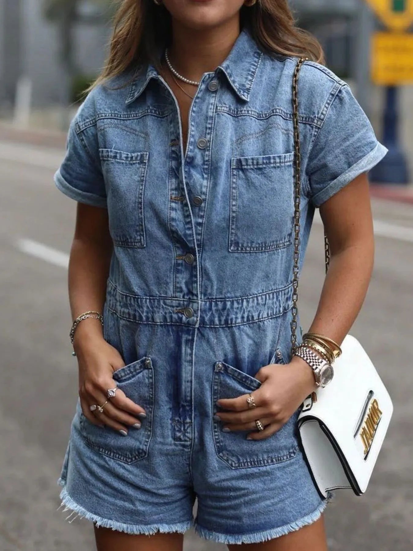 Short Sleeve Denim Romper with Front Pockets - kinko