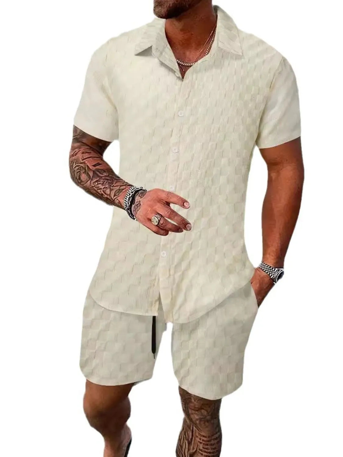 Men's Full Size Collared Neck Short Sleeve Top and Shorts Set Plus Size - kinko
