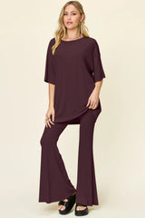 Double Take Full Size Round Neck Drop Shoulder T-Shirt and Flare Pants Set - kinko