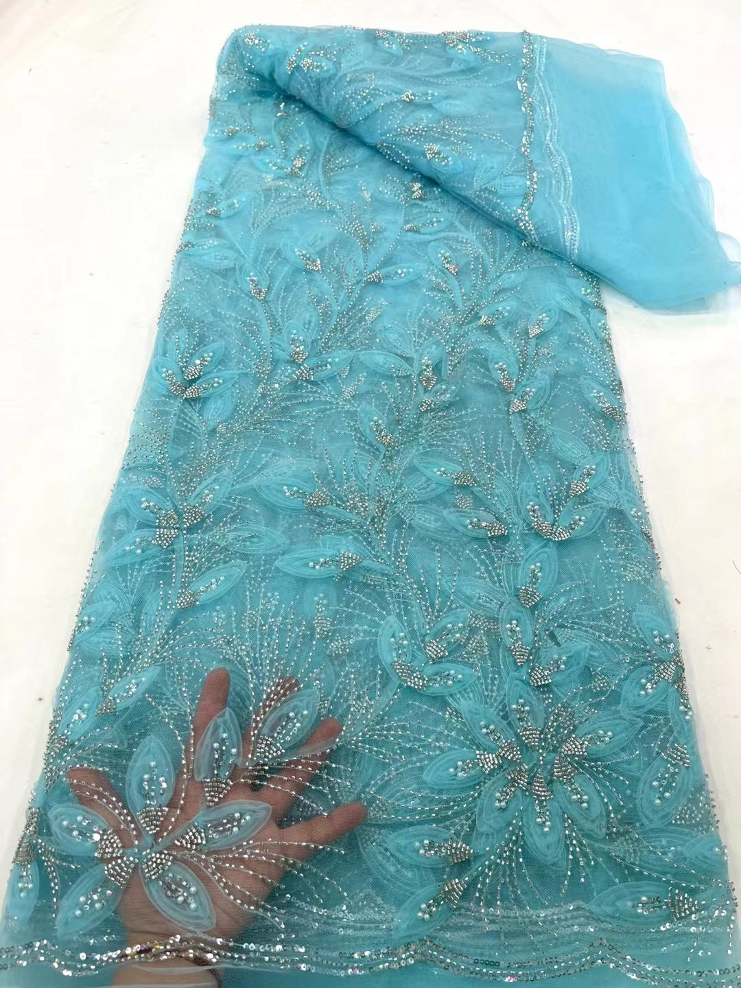 Ribbon Flower Beaded Tulle Lace Fabric Cocktail Party Occasion Evening Dress Embroidered Cloth Lace - kinko