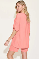 Basic Bae Bamboo Full Size V-Neck Drop Shoulder T-Shirt and Shorts Set - kinko