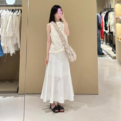 Women's White High Waisted Spliced Cotton Mid Length Skirt - kinko