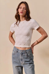 SO ME Floral Patterned Seamless Short Sleeve Top - kinko