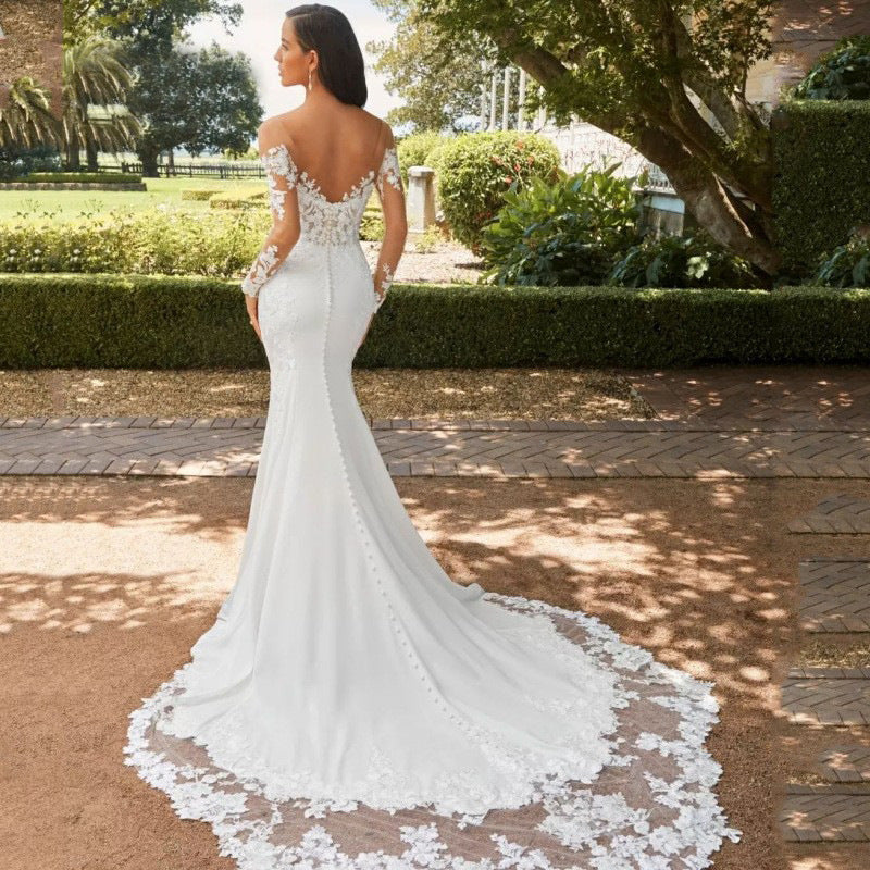 Long Sleeve Backless Lace Fishtail Wedding Dress - kinko
