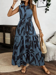 Printed Tie Waist Sleeveless Maxi Dress - kinko