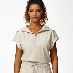 Loose Half Zipper And Lapel Sleeveless Top Casual Trousers Lace-up Shorts Three-piece Set - kinko