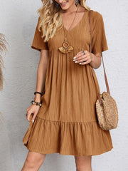 V-neck Short Sleeve Dress Summer Fashion Casual Loose Ruffled Dresses Beach Clothing Women - kinko