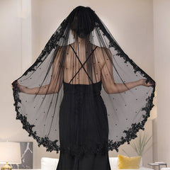 Exquisite Lace Black Veil Pearl Bridal Veil - kinko