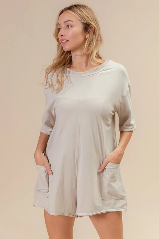 BiBi Short Sleeve Back Open Washed Romper - kinko