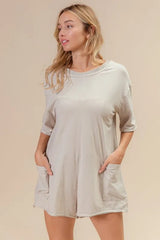 BiBi Short Sleeve Back Open Washed Romper - kinko